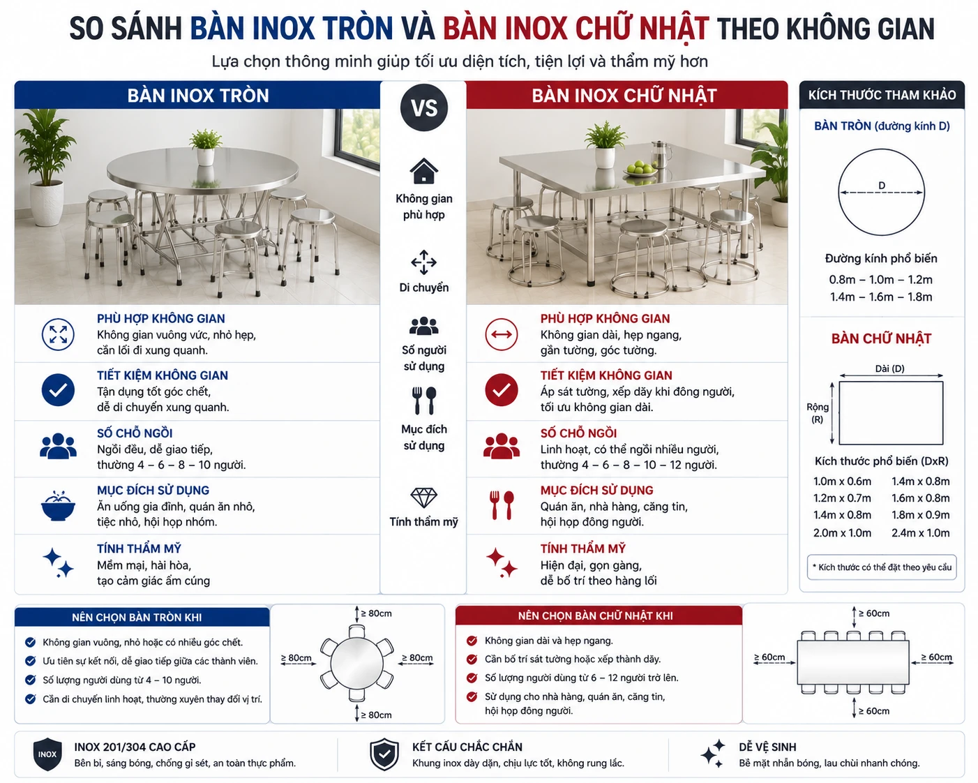 So sánh cách bố trí bàn inox tròn và chữ nhật So sánh bàn inox tròn và bàn inox chữ nhật theo không gian