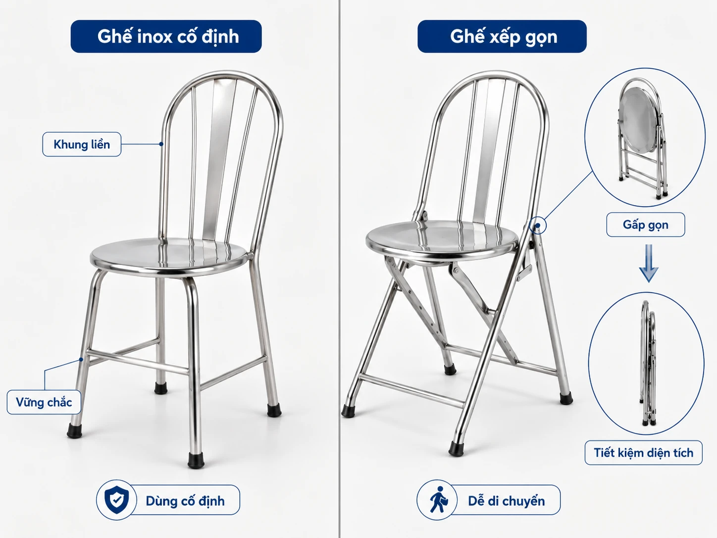 Ghế inox cố định và ghế xếp So sánh ghế inox cố định và ghế xếp gọn