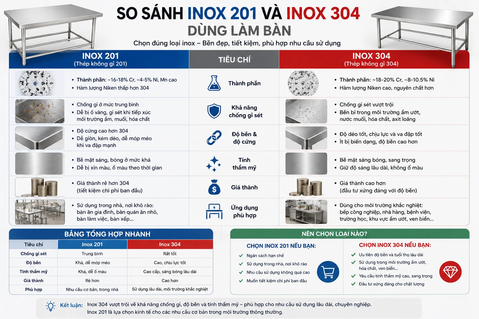 So sánh vật liệu SUS201 và SUS304 ở góc độ lựa chọn bàn So sánh inox 201 và inox 304 dùng làm bàn