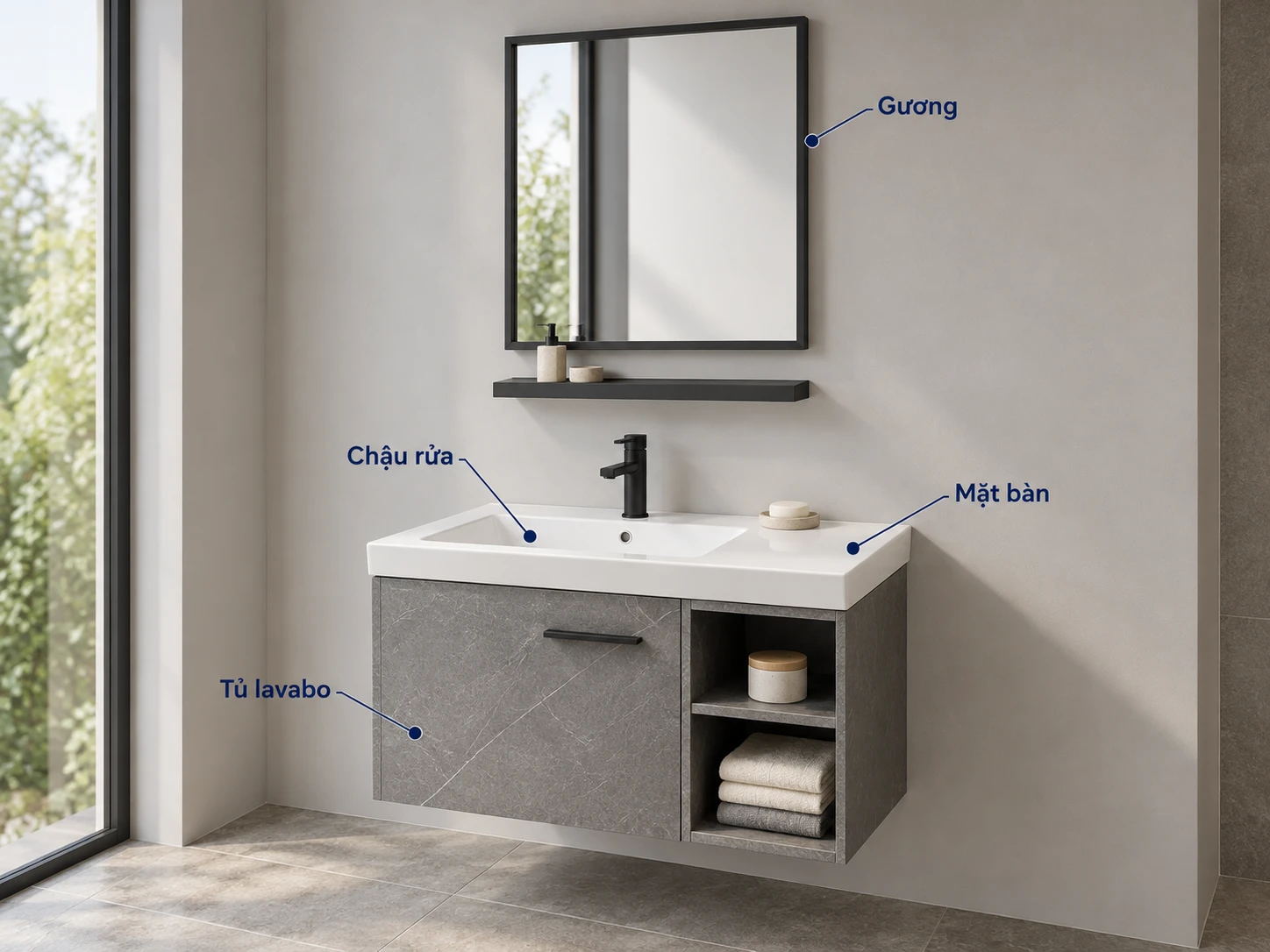 tủ chậu lavabo HWATA kết hợp chậu gương và mặt bàn