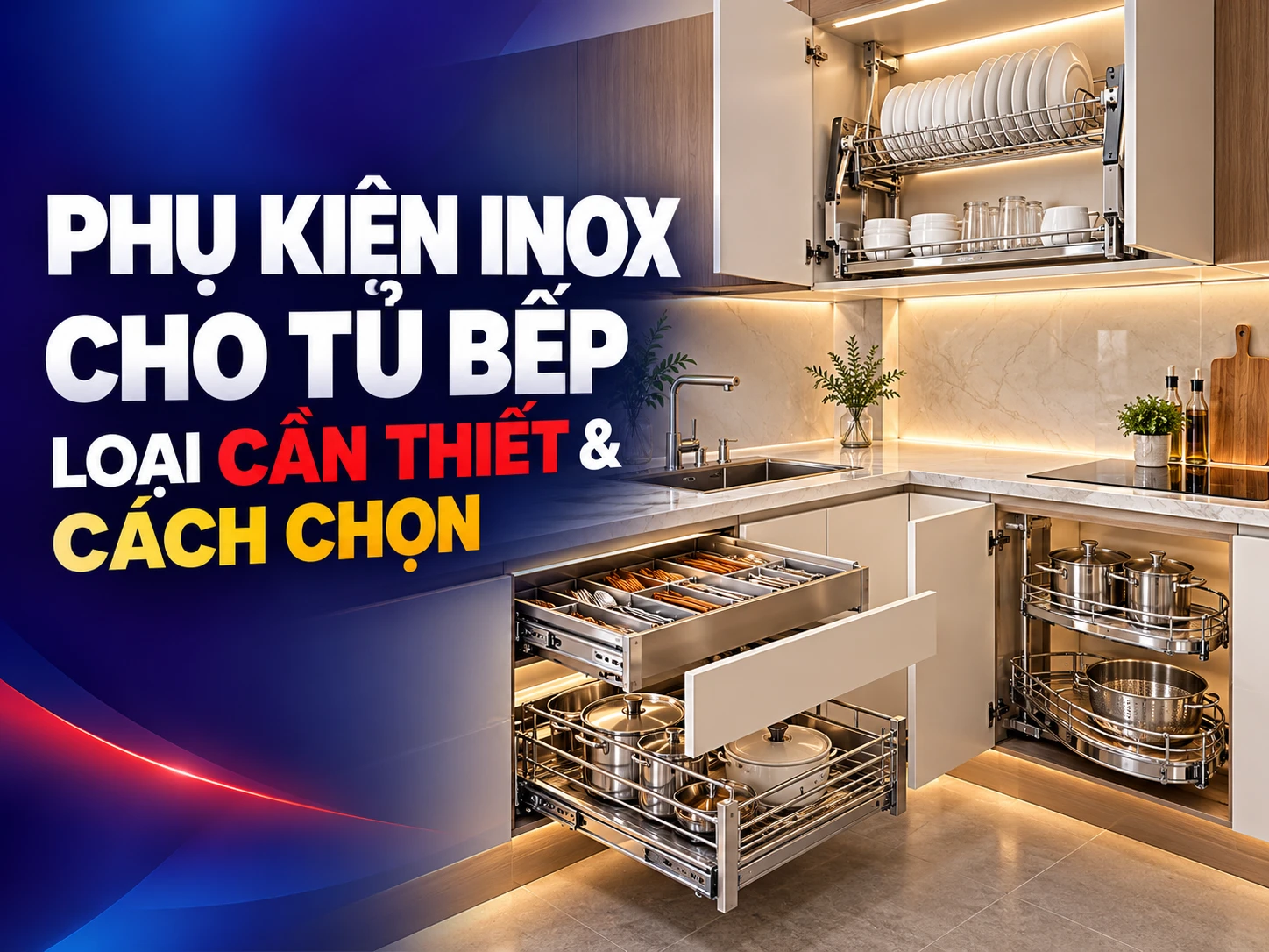 Phụ kiện inox cho tủ bếp gồm kệ chén đĩa kệ gia vị rổ kéo và mâm xoay góc