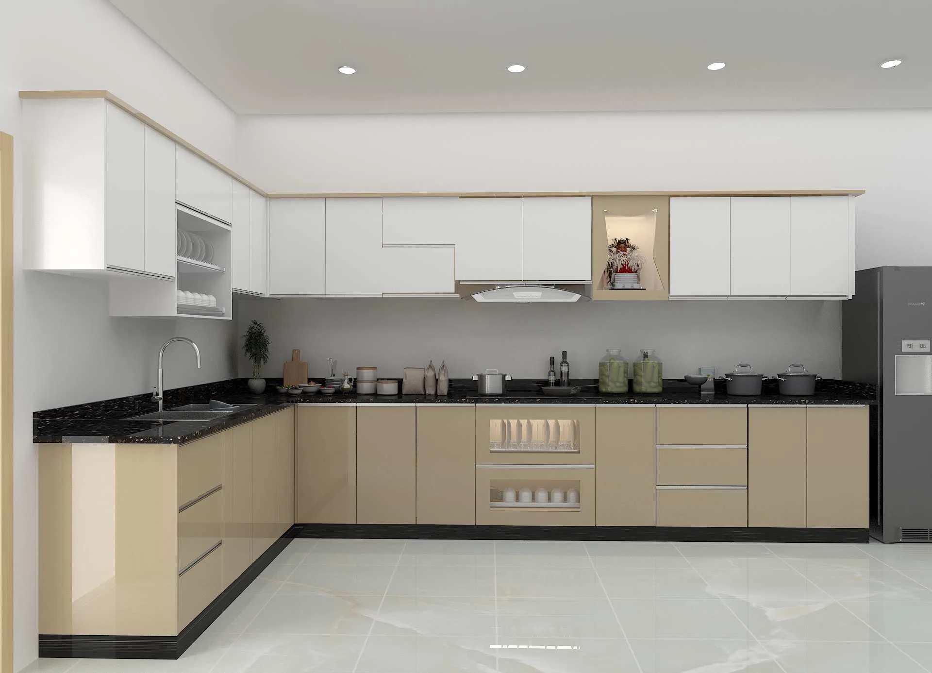 Minh họa so sánh ba kiểu cánh tủ bếp nhôm kính nhôm tổ ong và Acrylic