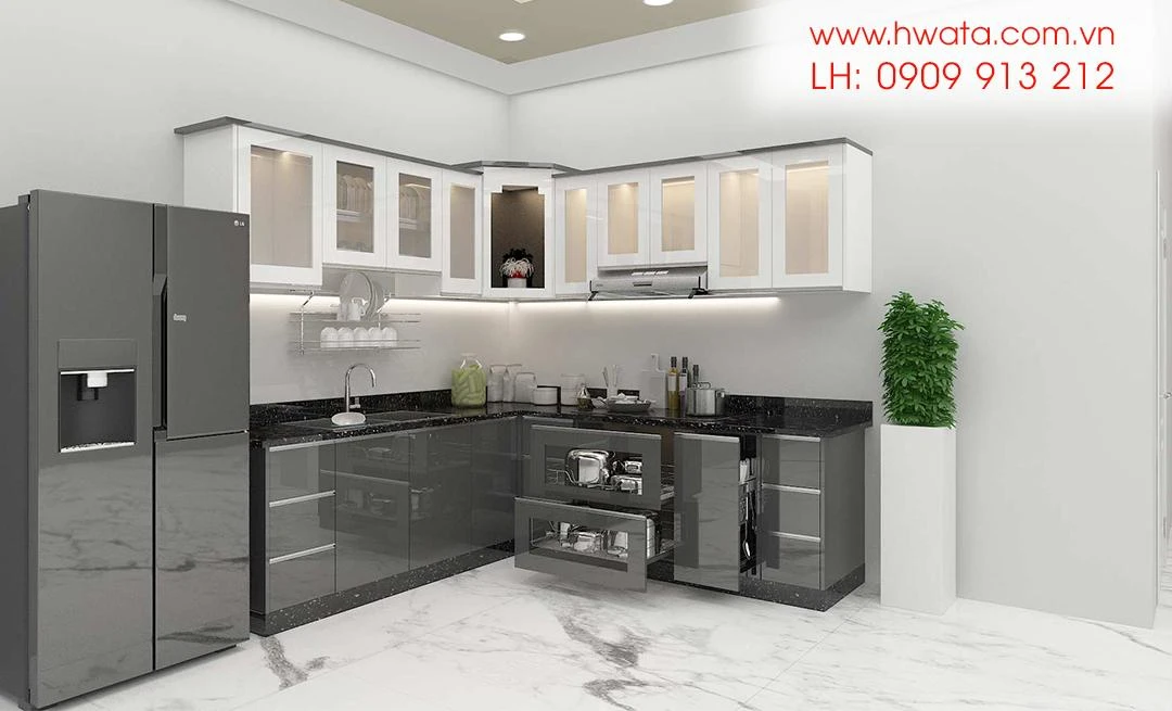 Minh họa hai phương án bố trí tủ bếp inox dài 2m và 3m để dự toán