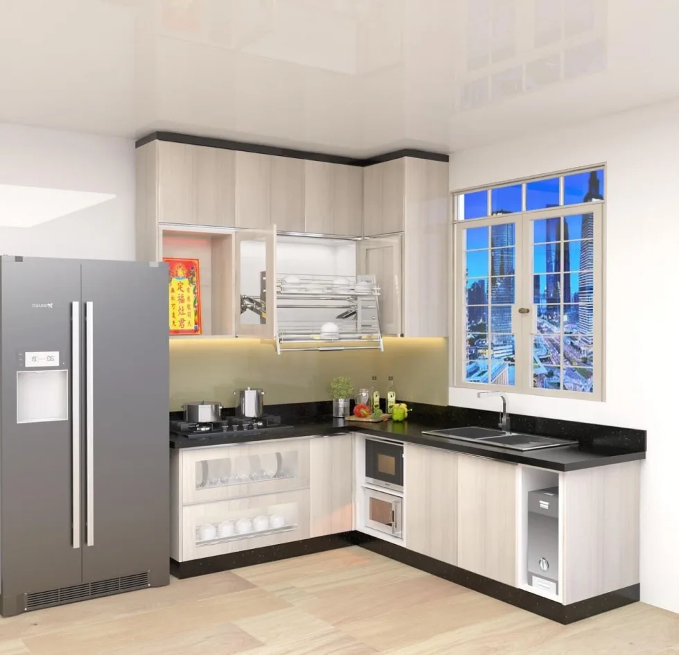 Minh họa bố trí phụ kiện inox hợp lý cho bếp nhỏ và các khoang tủ dưới