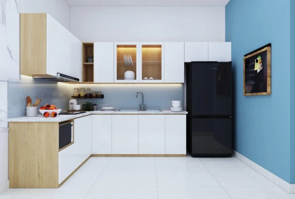 Sơ đồ minh họa đo mét dài tủ bếp inox chữ I và chữ L với tủ trên tủ dưới