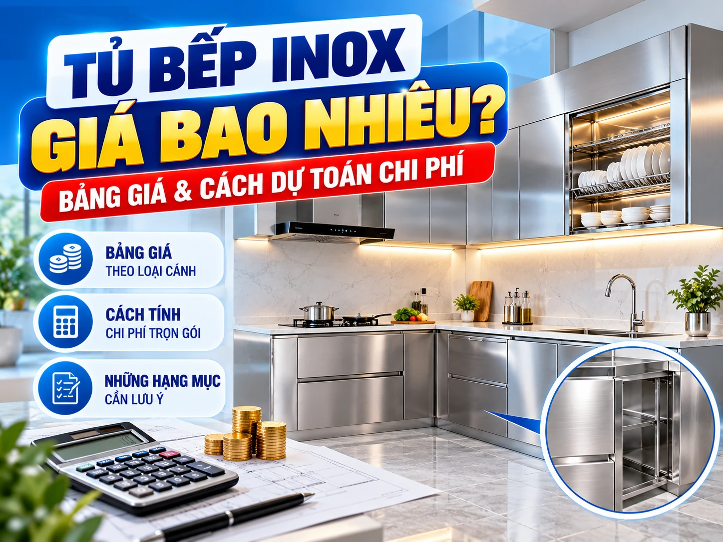 Tủ bếp inox giá bao nhiêu và phối cảnh hệ tủ trên dưới trong nhà bếp hiện đại