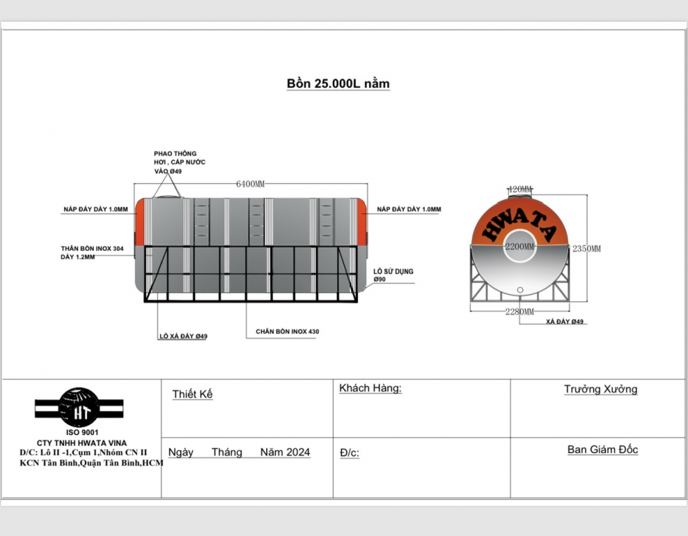 ban ve bon nuoc inox hwata 25000 lit ngang