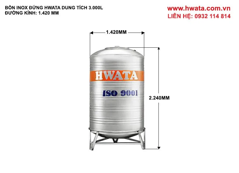 Kích thước bồn nước inox Hwata 3000L đứng