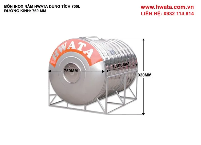 Kích thước bồn nước inox Hwata 700L nằm