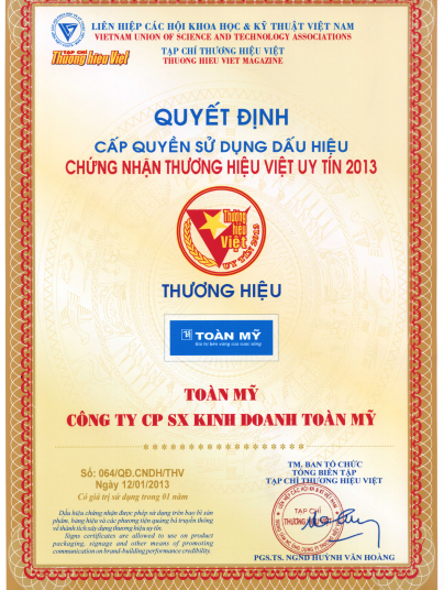 Chứng nhận thương hiệu uy tín bồn nước toàn mỹ